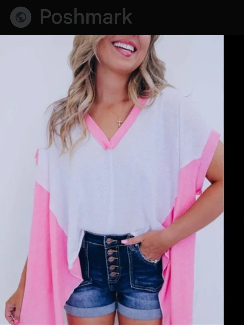 POL Oversized Boho Top Pink And White, Size M